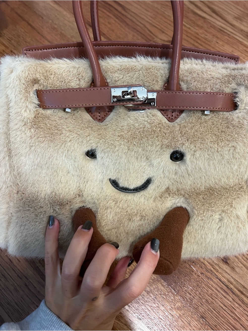 Faux Birkin Jellycat Inspired Plush Fur Smile Tote Bag in Beige and Brown